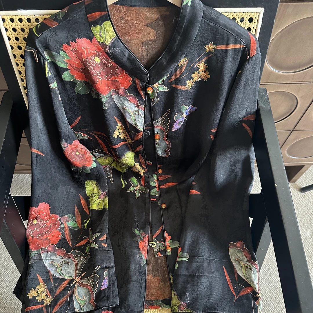新款国风立领黑底牡丹彩蝶提花上衣外套