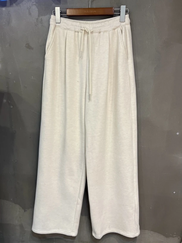 休闲拼接松紧腰杏色百搭抽绳加绒阔腿裤KCXLQ011