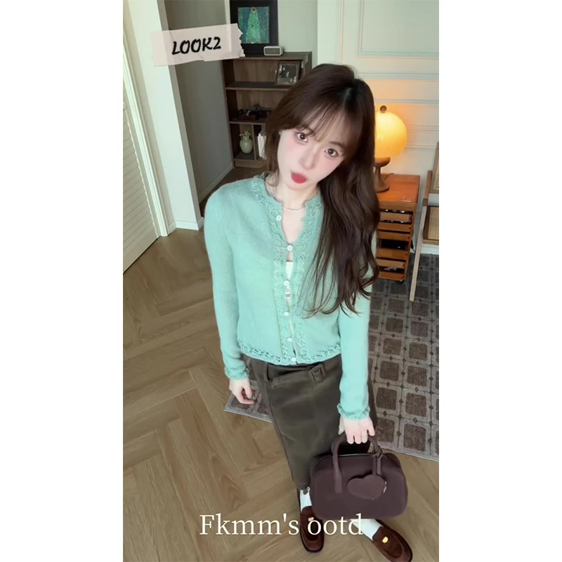 秋季百搭老钱风女装长袖针织衫打底上衣高腰半身裙开衫夹克外套