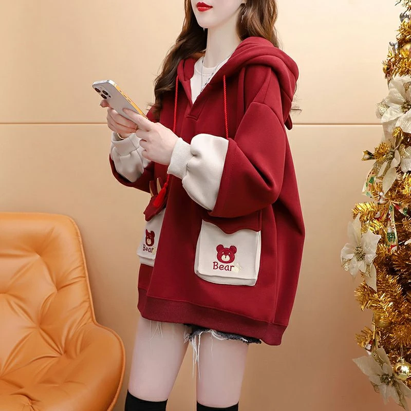 加绒加厚连帽卫衣女秋冬季2026年新款宽松休闲百搭减龄慵懒风外套