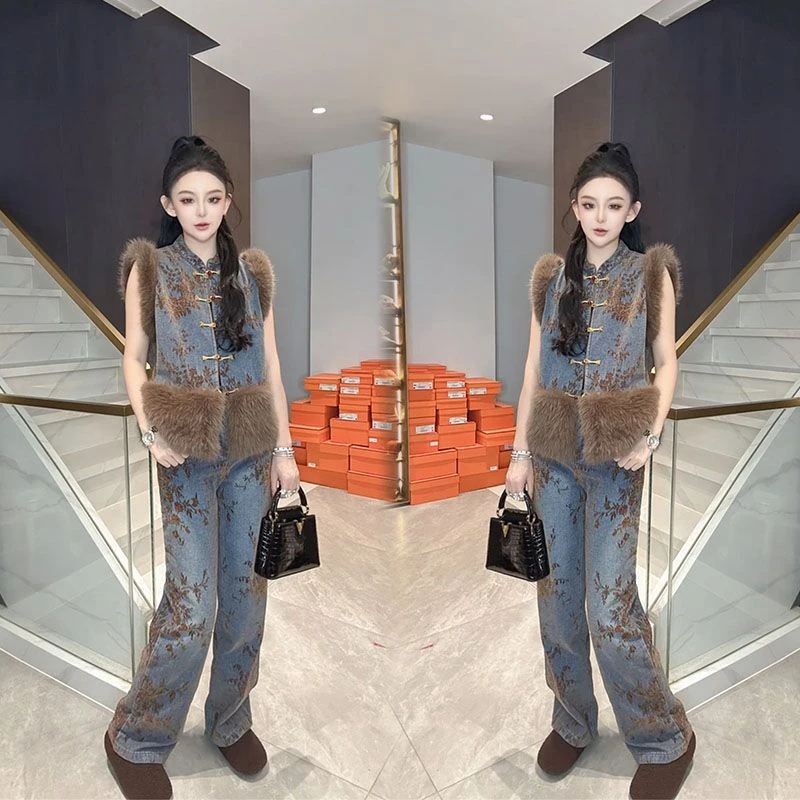 新中式国风套装2025冬气质名媛高级时尚盘扣提花马甲阔腿裤两件套