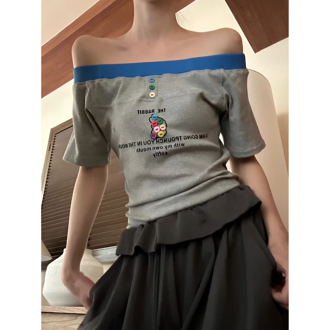 赵小小【财阀千金】斜肩灰色甜辣减龄显瘦短袖简约露肩上衣27325