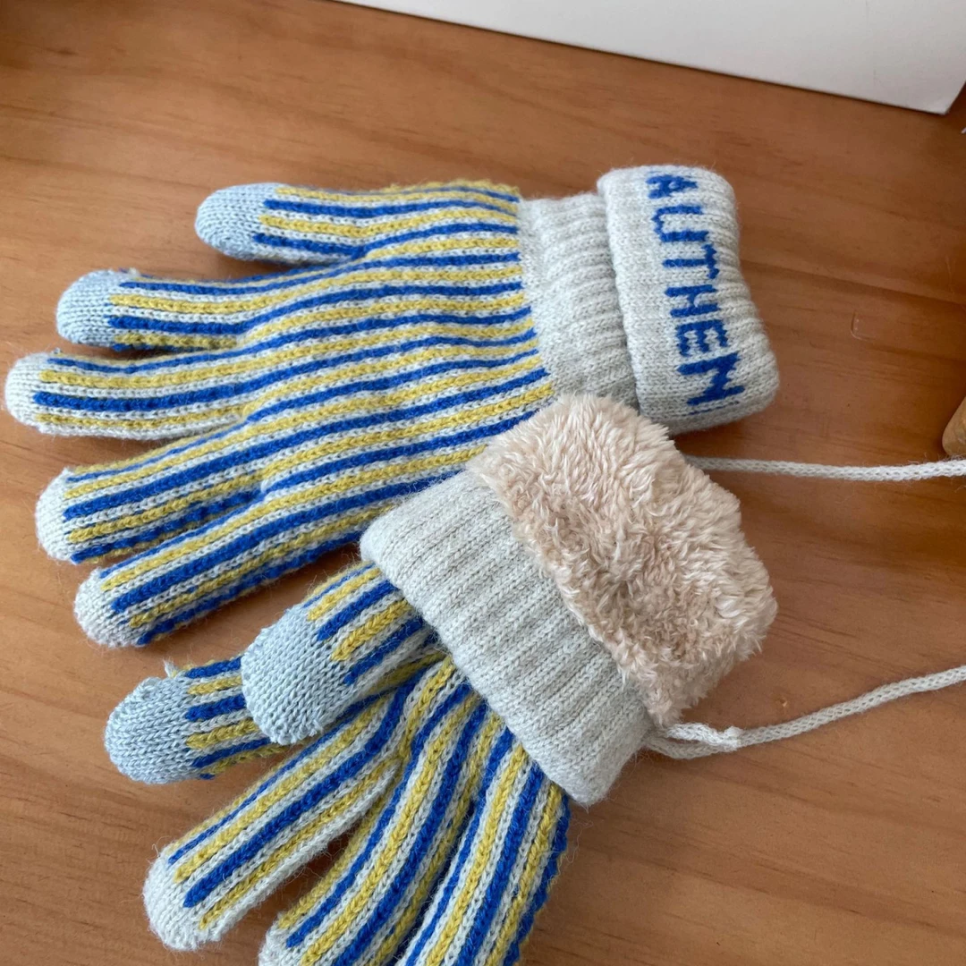 冬季保暖日系毛线拼色条纹触屏网红骑车防寒手套byl