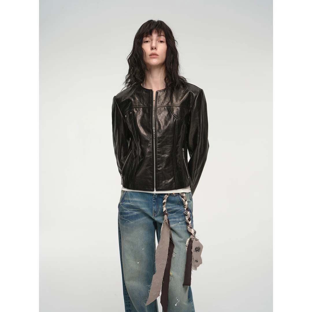 付智恩 莫妮卡 皮衣黑色时尚皮夹克女装