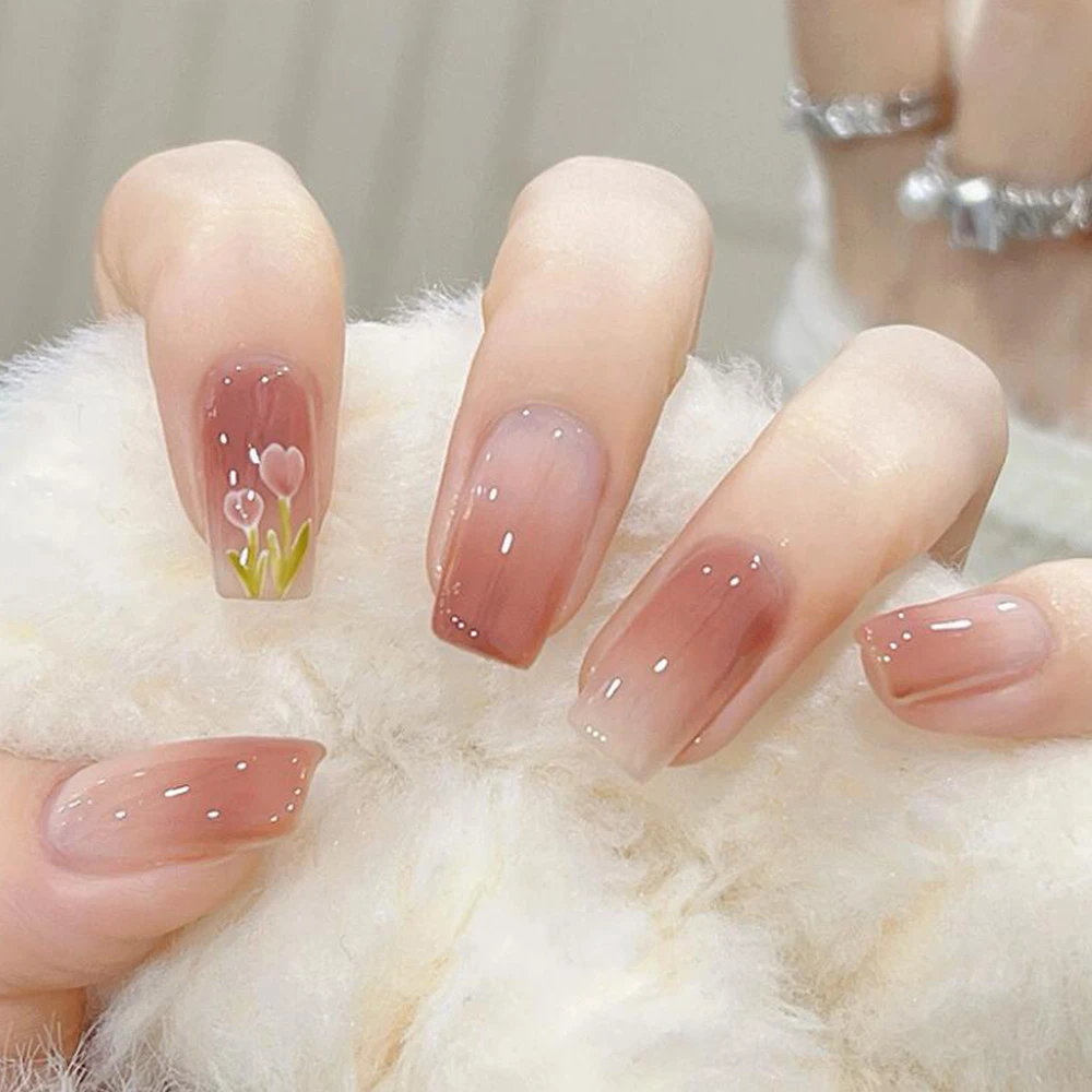 西柚渐变郁金香穿戴甲指甲贴片 温柔甜美穿戴式甲片美甲