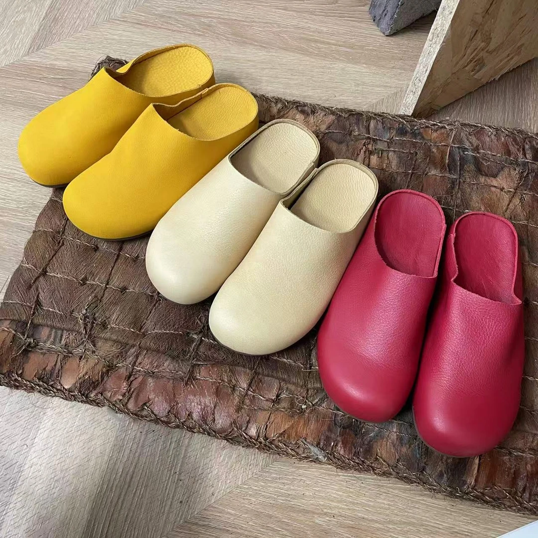 拙手作2025夏季新款头层牛皮包头半托森系休闲平底女鞋厚底舒适