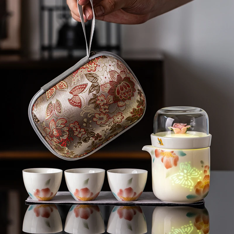 玲珑旅行茶具套装户外露营便携式快客杯羊脂玉瓷一壶四杯女士高档