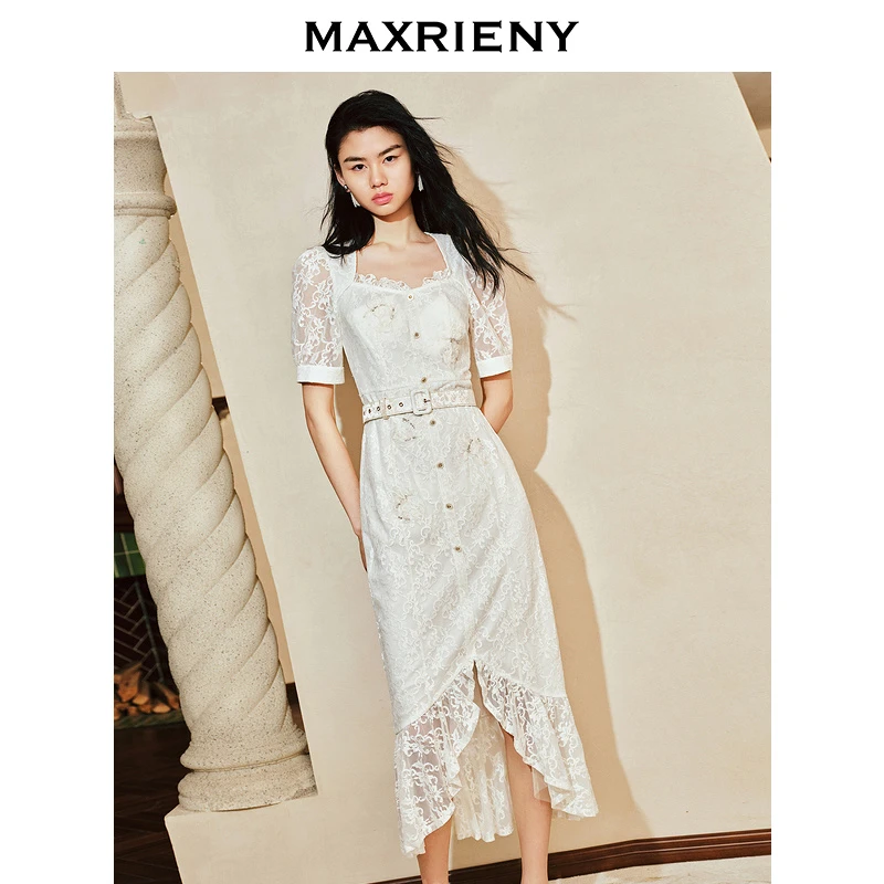 【东方玉兰-商场同款】MAXRIENY优雅复古玉兰鱼尾气质衬衫拼接连衣