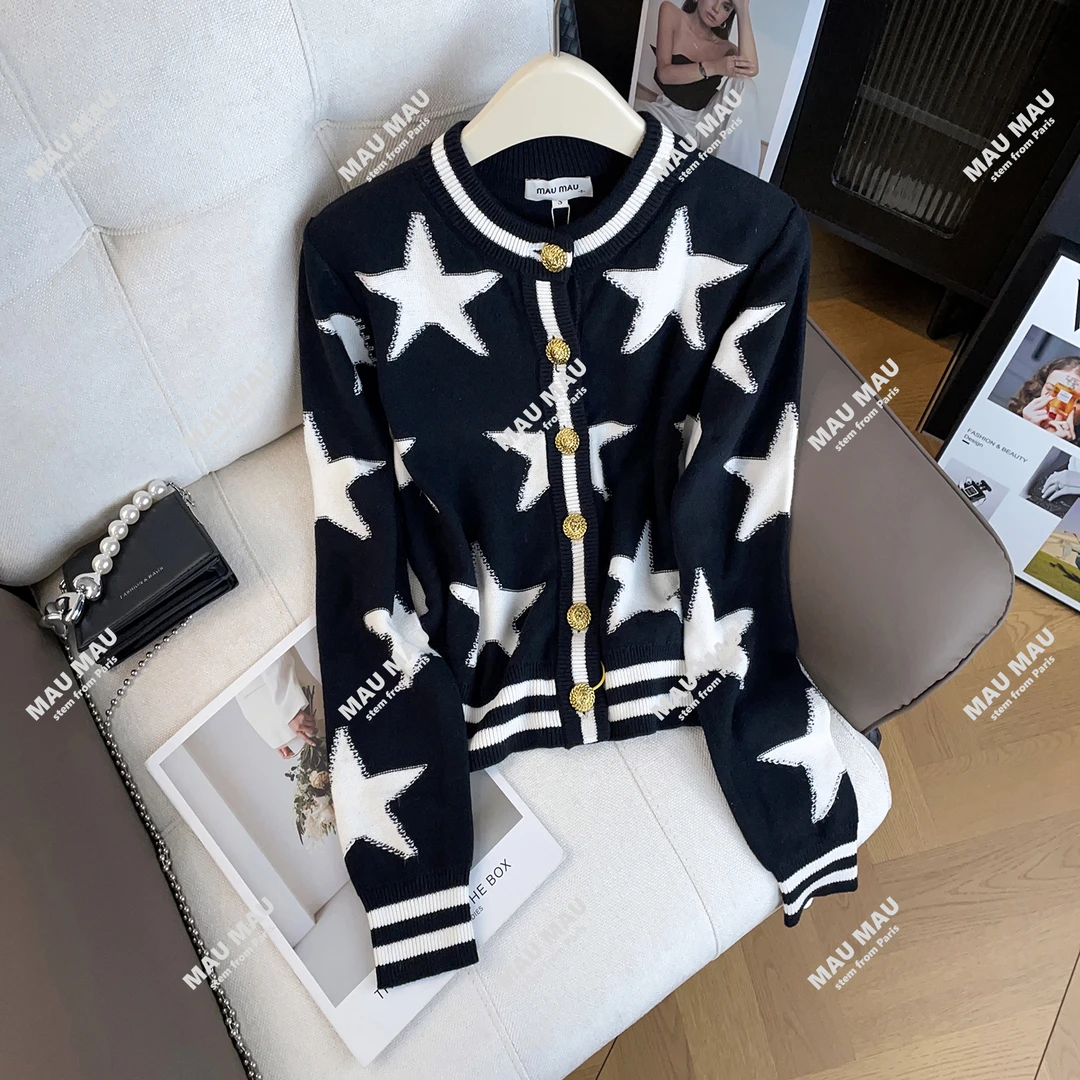 小香风五角星针织衫长袖圆领开衫别致显瘦上衣外套DY8611