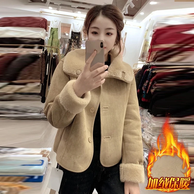 韩系时尚洋气短外套女2024年冬季新款小个子加绒加厚皮毛一体上衣