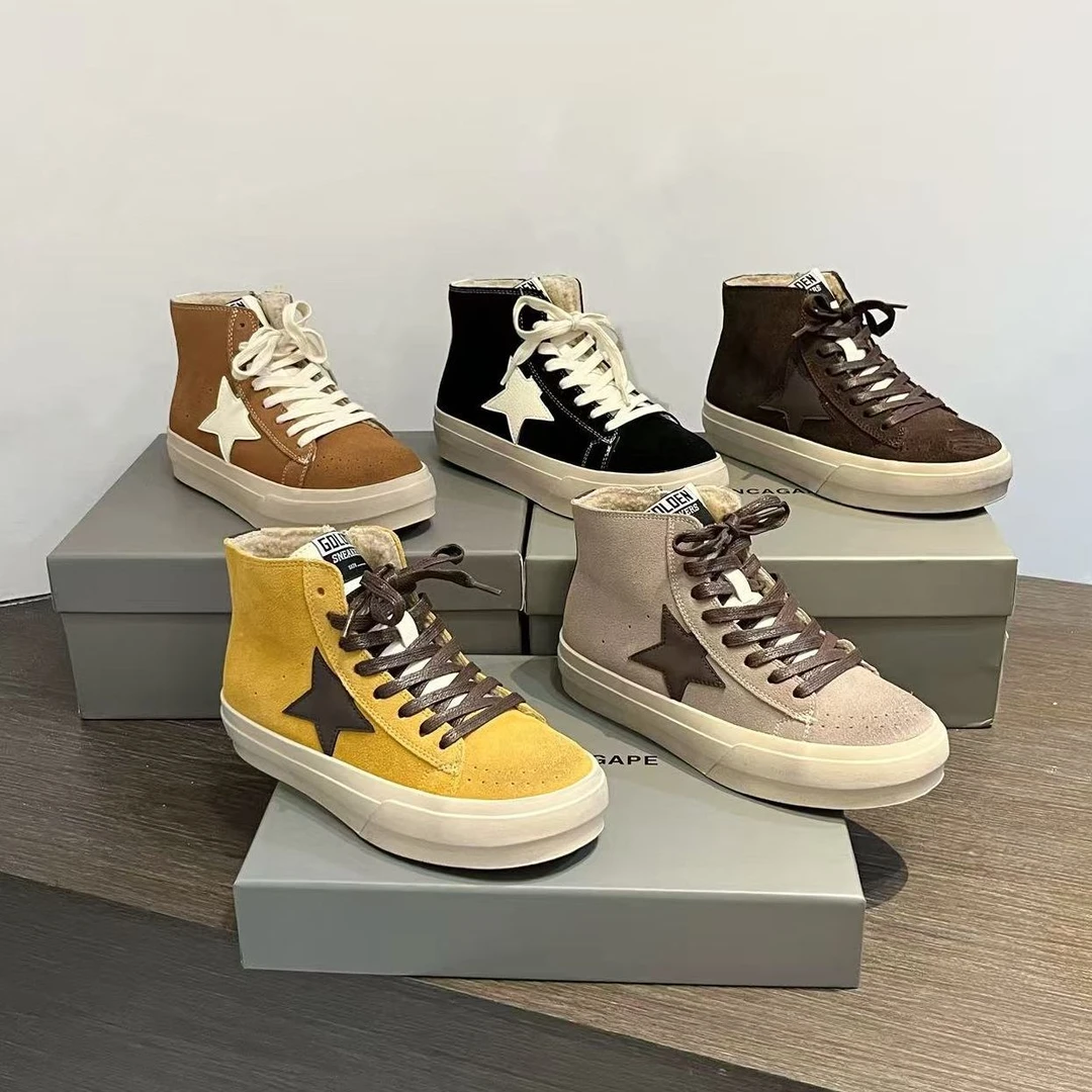 韩国东大门复古做旧休闲加绒星星小脏鞋女时尚高帮厚底百搭板鞋女