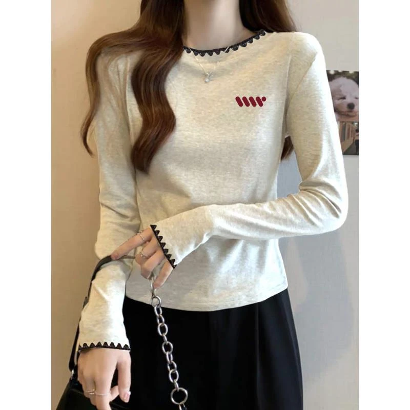 早秋韩系爆款100%纯棉米灰长袖打底衫小众内搭撞色拼接圆领百搭潮