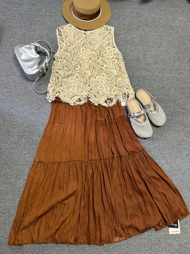 欧货2025夏季新品欧货女装简约纯色松紧腰褶皱A字半身裙百搭