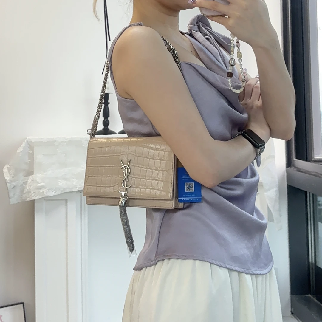 95新 YSL/圣罗兰 ysl鳄压单肩淡粉色奶茶流苏kate