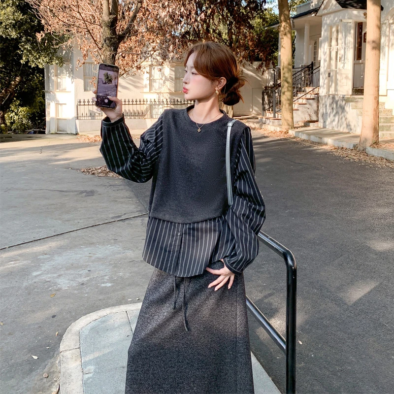慵懒风条纹拼接套装裙2025春秋新款小众松弛感韩系ins灰色两件套