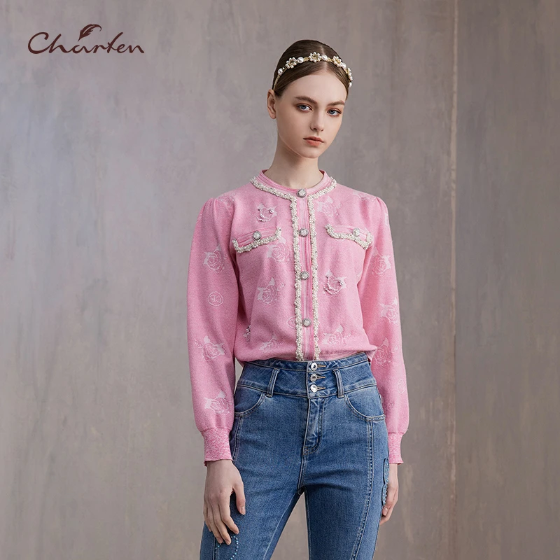 【媛媛专享】朝峰秋季新款浪漫玫瑰提花开衫毛织上衣CFE3B229-2060C