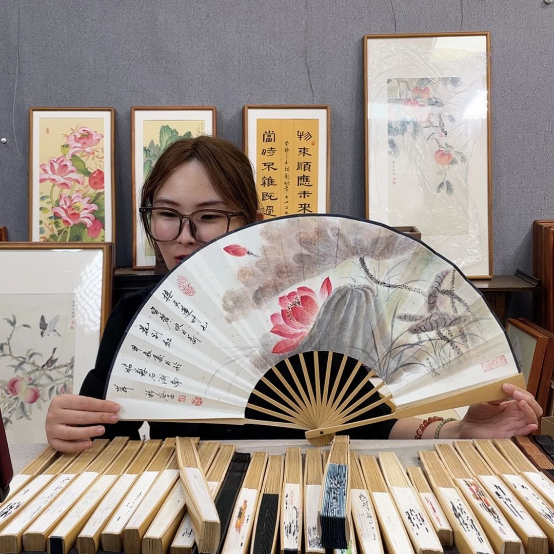 国画10寸玉竹-纯手绘-文玩扇骨（默认粘好）