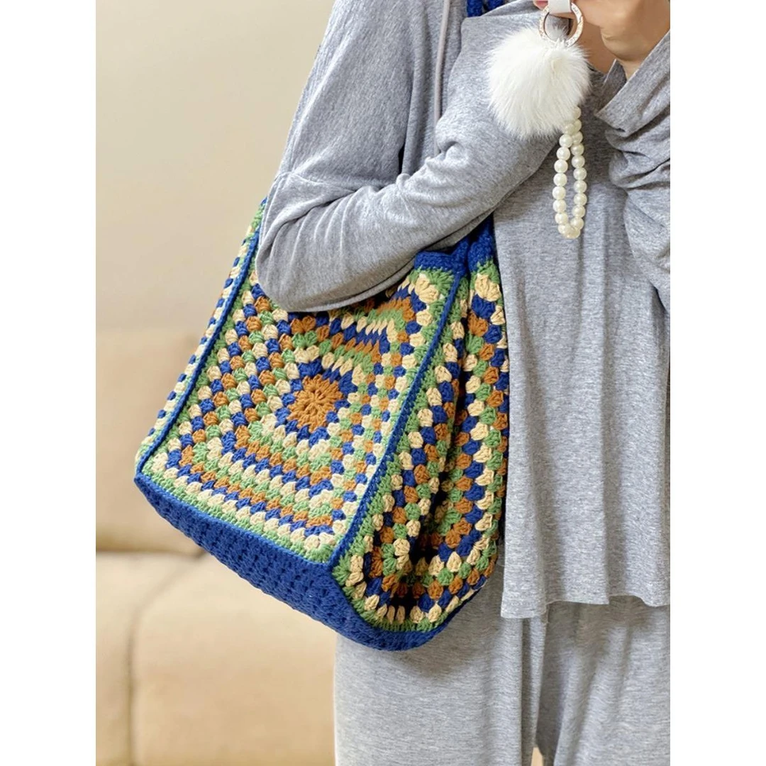 高圆圆同款单肩包毛线钩针编织材料包复古祖母格拼接大容量DIY包