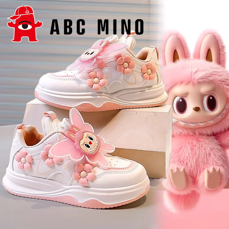 ABC MINO拉布布女童鞋子秋季2025新款儿童皮面运动鞋女孩小白板鞋