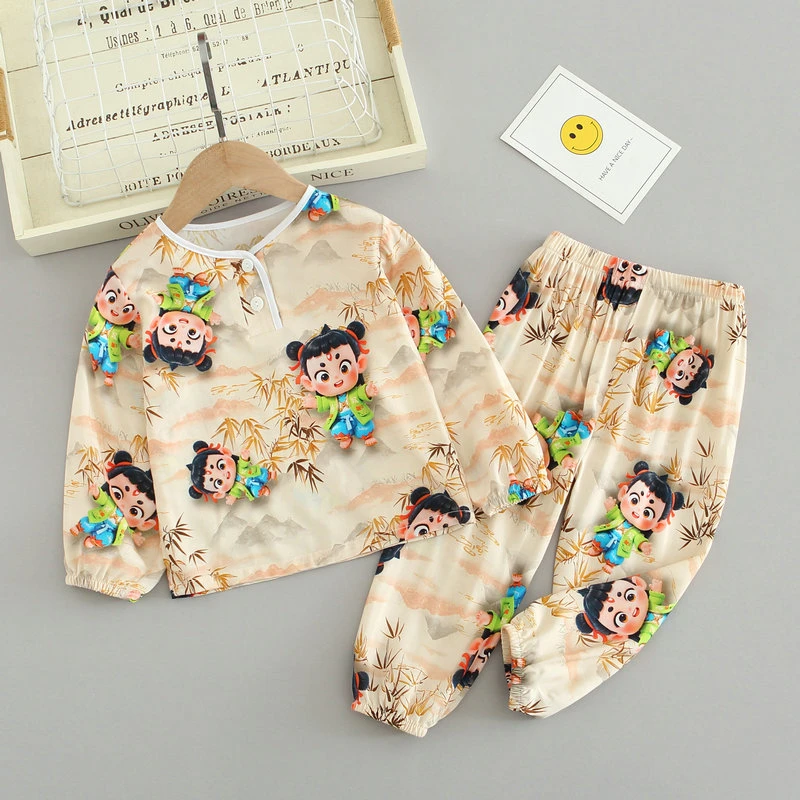 儿童棉绸睡衣长袖长裤防蚊裤男孩女童宝宝卡通薄款防蚊家居服套装