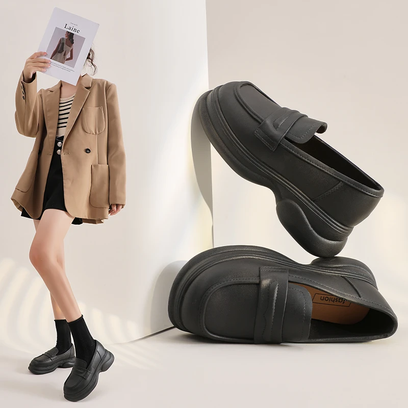 2025新款厚底乐福鞋高级女鞋增高鞋子英伦PVC防滑一脚蹬防水