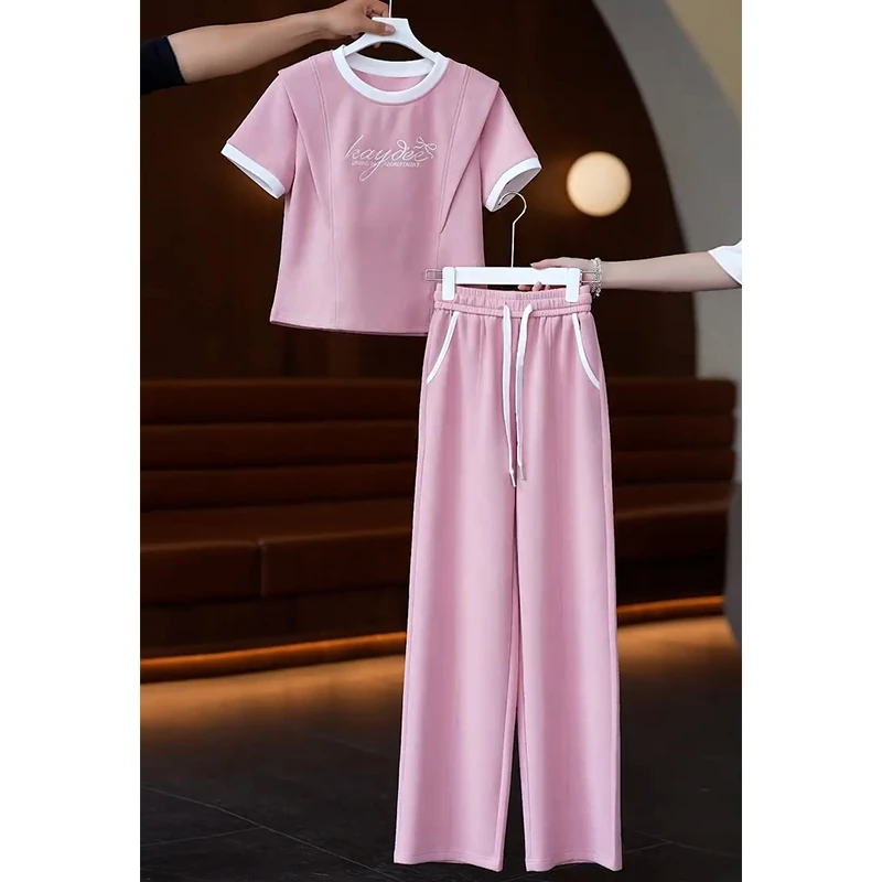 高含棉百搭时尚运动服套装女2025年夏季新款上衣阔腿长裤两件套