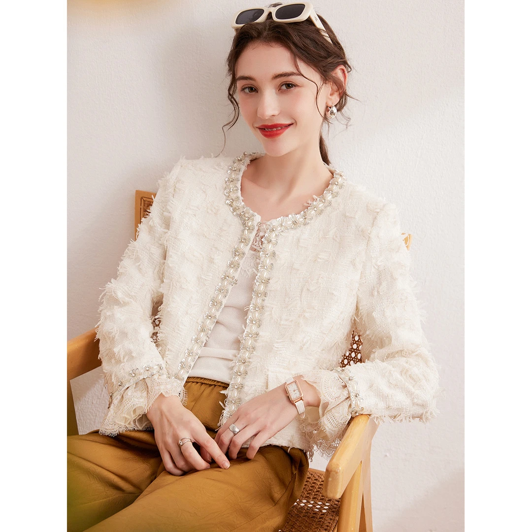 白鹿语春新款法式气质优雅圆领拼接网纱长袖钉珠女装外套WBL10093