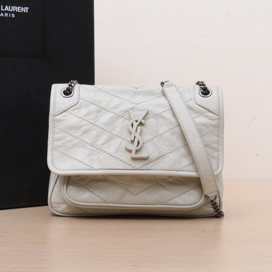 95新 YSL/圣罗兰 小花阿娇Niki斜挎包21 D扣白色072096