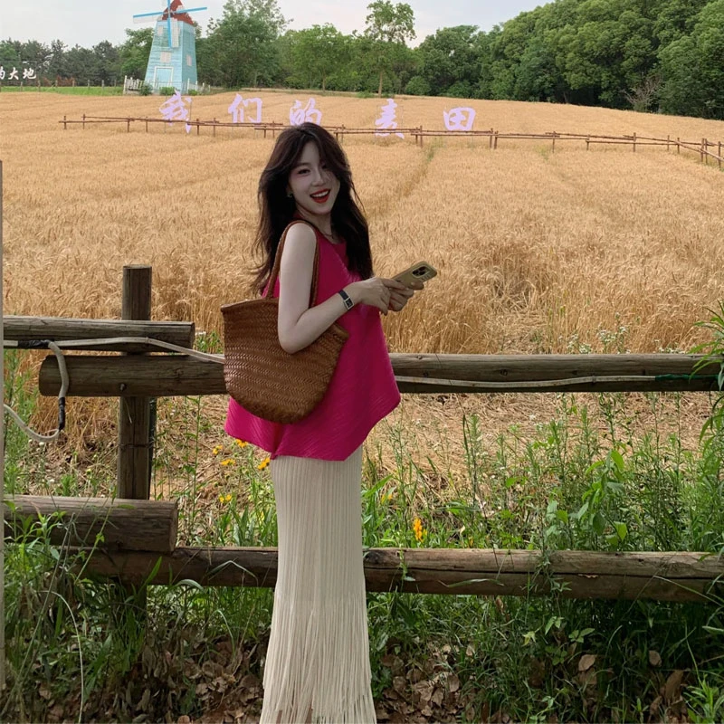 夏天搭配一整套气质盐系炸街玫红色无袖两件套装裙2025新款女夏季