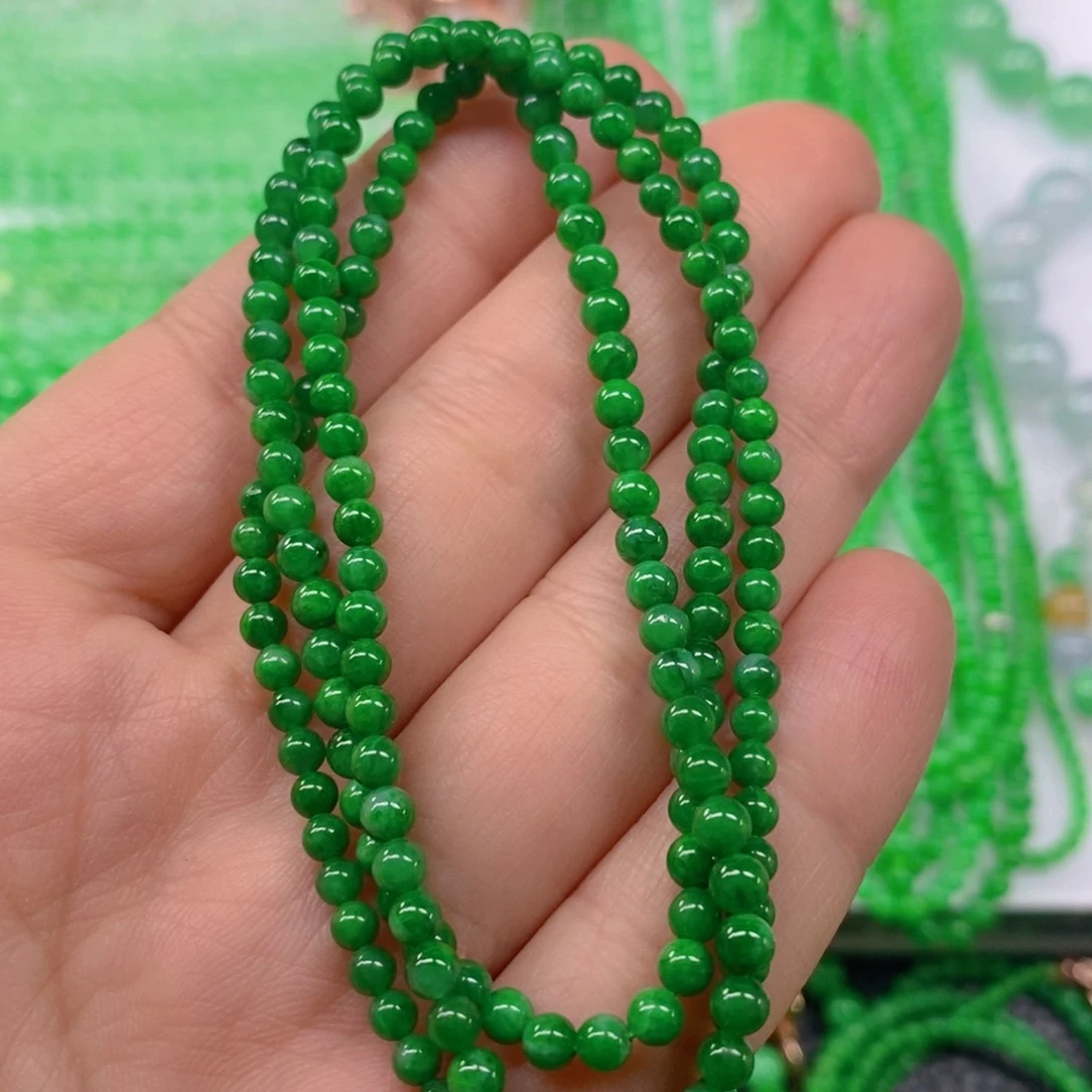翡翠颈饰未镶嵌辣阳绿小米珠塔链3.3，3.9m' m