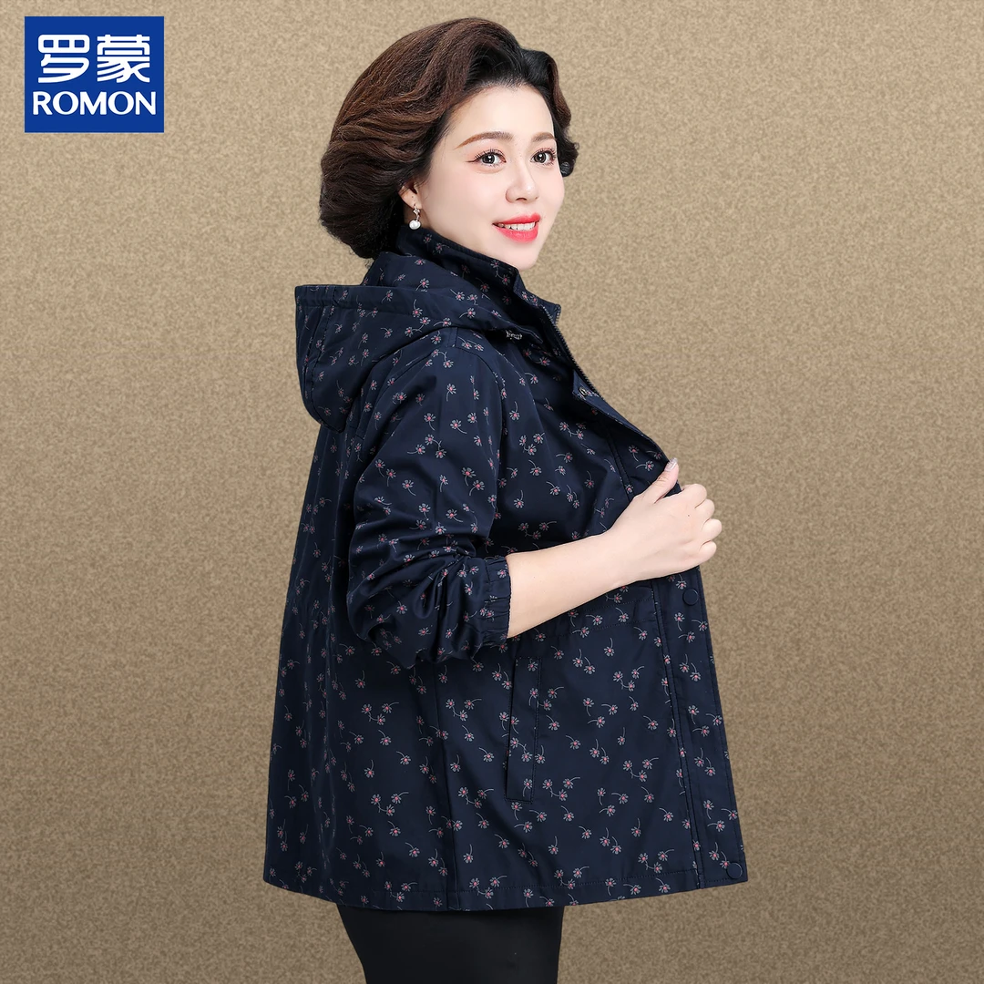 罗蒙时尚气质妈妈装秋款纯棉外套中老年女新款气质连帽春秋季上衣