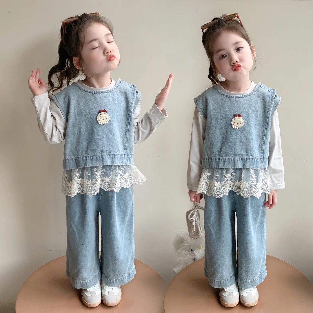 女童蕾丝花边牛仔三件套洋气小女孩时髦甜美春秋装女宝宝潮搭套装
