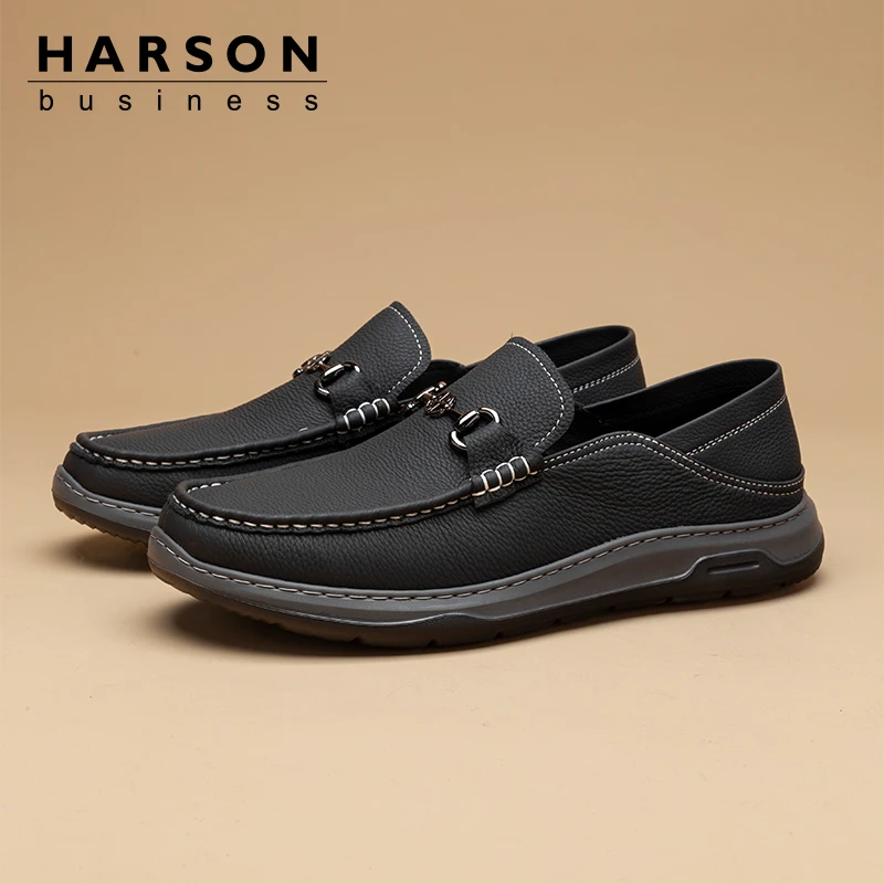 Harson/哈森春季新款一脚蹬时尚百搭男鞋头层牛皮男士休闲皮鞋