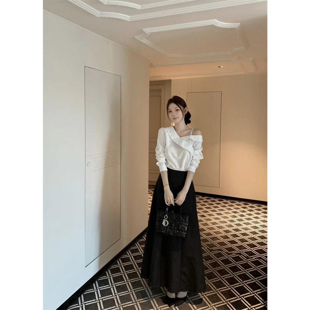 【许我耀眼】露思同款修身露肩吊带长袖衬衫高腰气质显瘦半身裙套装