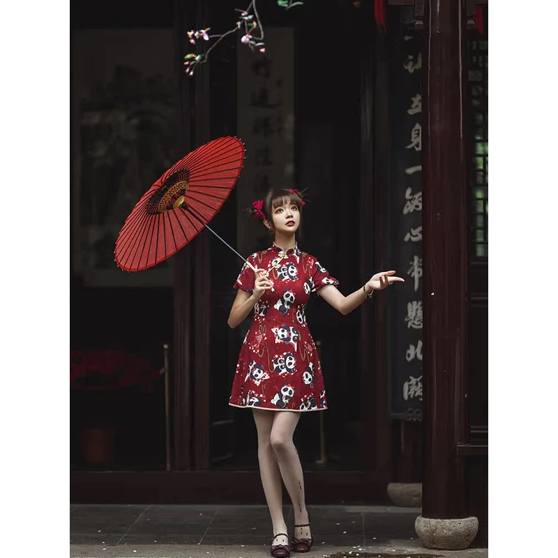 【To Alice】熊之原创潘达潘达熊猫印花修身旗袍连衣裙少女中式