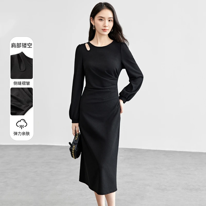 尚都比拉镂空设计款连衣裙长袖赫本裙收腰显瘦减龄灯笼袖55722