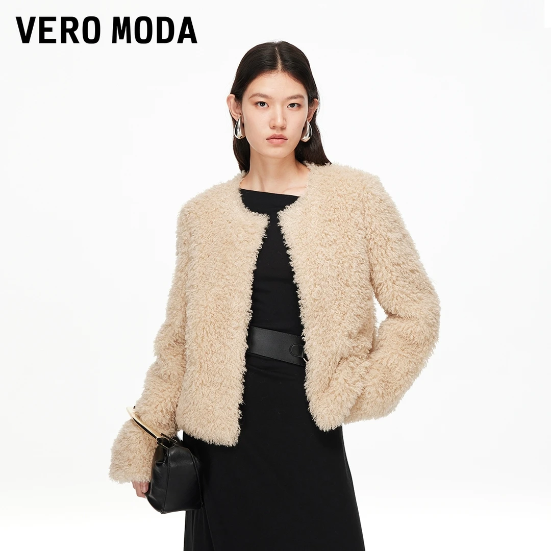 Vero Moda外套女2025秋冬新款宽松圆领勾扣毛绒外套百搭老钱风