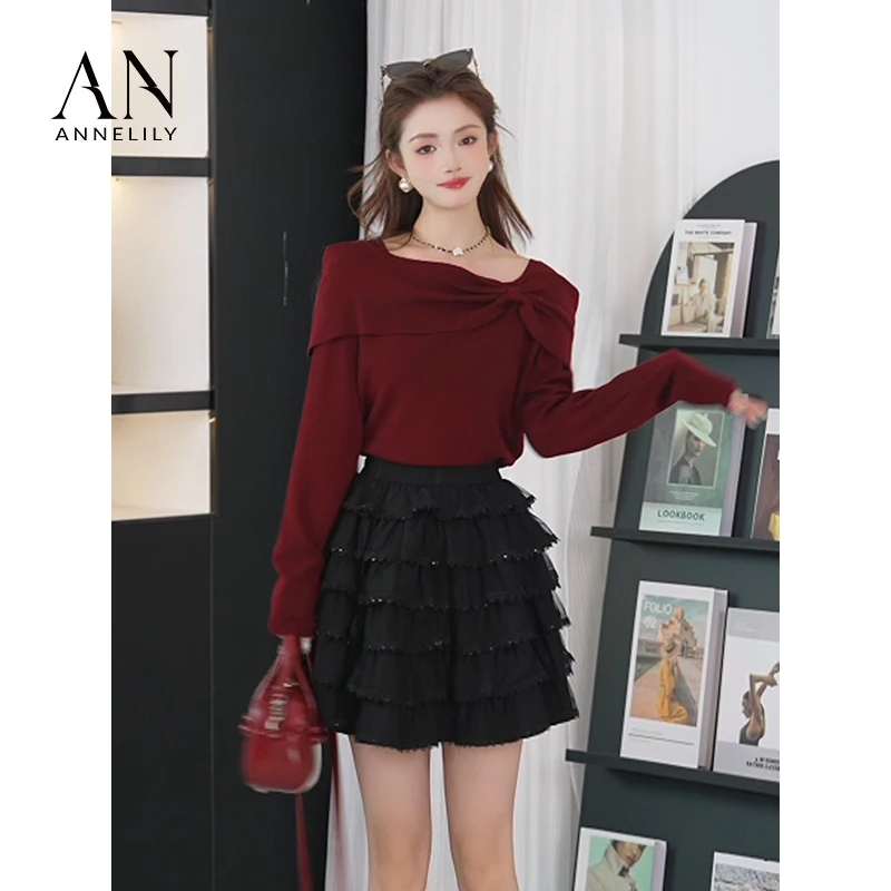 ANNELILY【小颜】新款时尚百搭定制显瘦蛋糕千层半裙AQ2410018