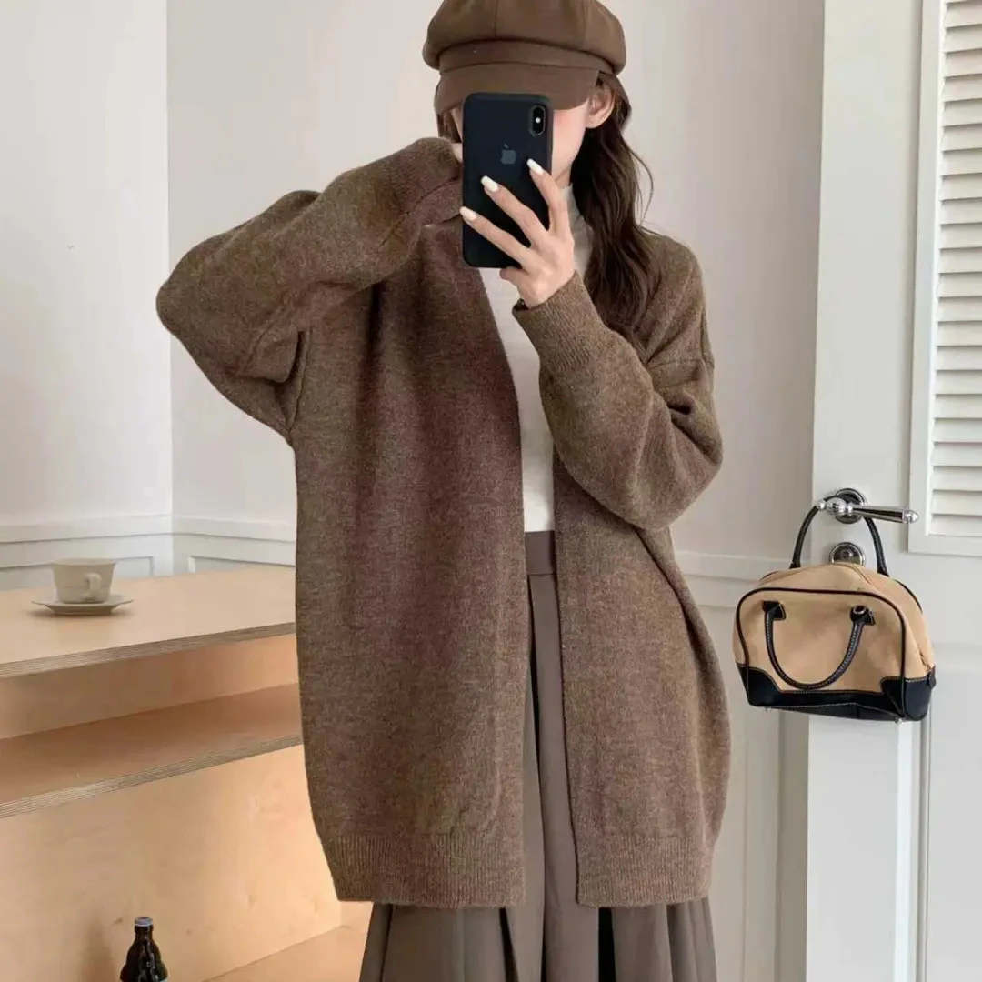 慵懒风灰色高级感针织开衫女秋冬中长款遮屁股毛衣外套松弛感上衣