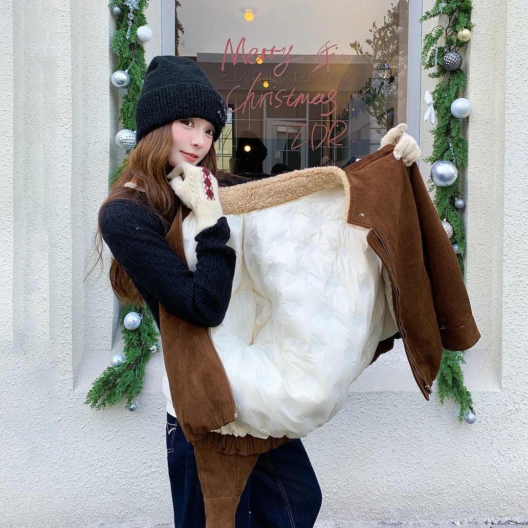 棕色美拉德羽绒内衬加厚短外套女2025新款冬季网红气质麂皮绒夹克