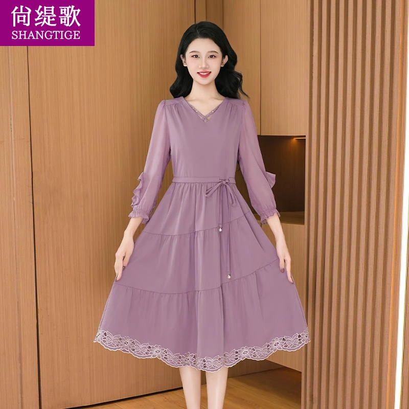 紫色长袖连衣裙子女春秋季轻奢高级感2025新款高档重要场合十三行