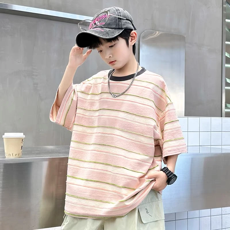 502893 男童T恤2025新款短袖条纹洋气上衣夏季中大童休闲韩版半袖