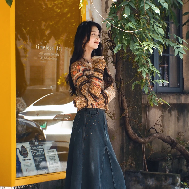 菀壹秋季新款女V领短款条纹针织开衫费尔岛毛衫G31731431