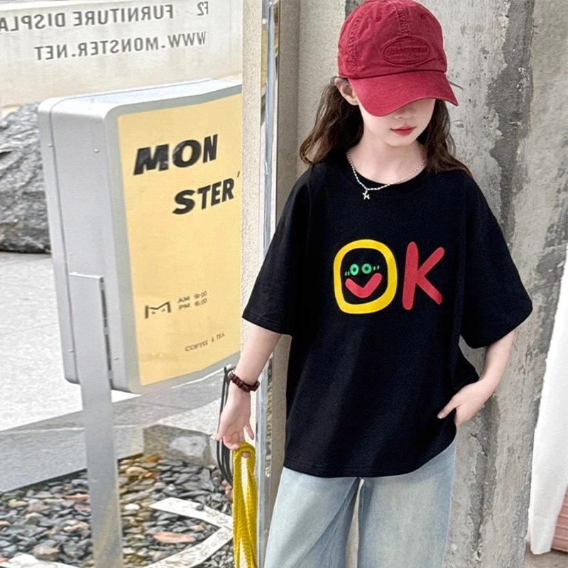 女童短袖T恤夏季2025新款儿童宽松休闲打底t大童黑色百搭半袖上衣