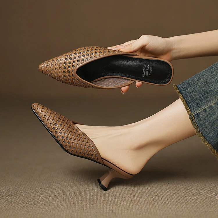 跟5cm/头层编织牛皮包头半拖女时尚浅口尖头气质凉拖夏季新款百搭