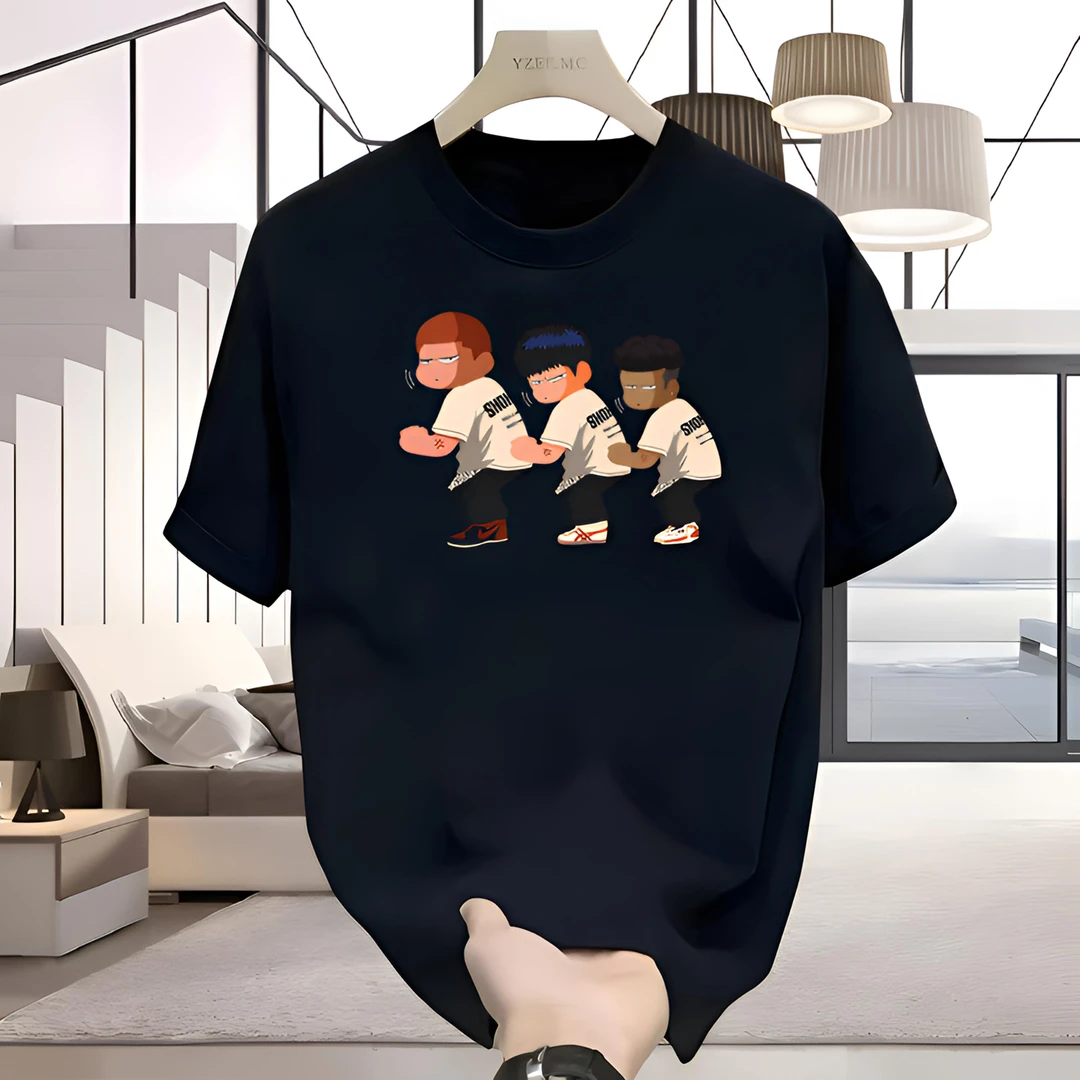 夏季纯棉短袖纯色卡通动漫大码半袖圆领宽松印花休闲时尚T恤男士