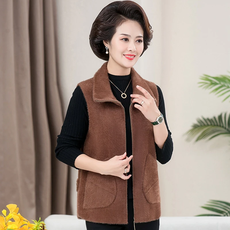 中年女装新款仿貂毛拉链纯色毛衣马甲外搭妈妈装2025年时尚背心外