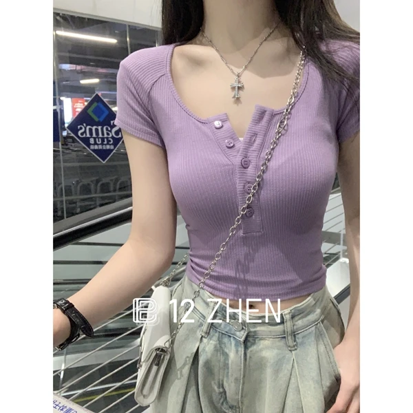 2025夏季韩版纯欲修身方领纽扣小个子短款设计感短袖T恤上衣女
