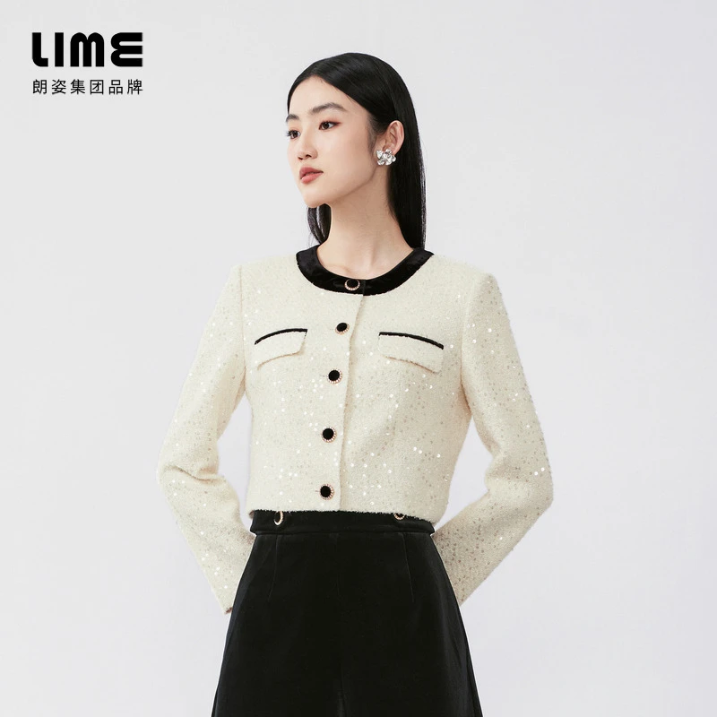 LIME/莱茵【璀璨之夜】秋季亮片撞色短截上衣米白色LDFC8AWCJK01