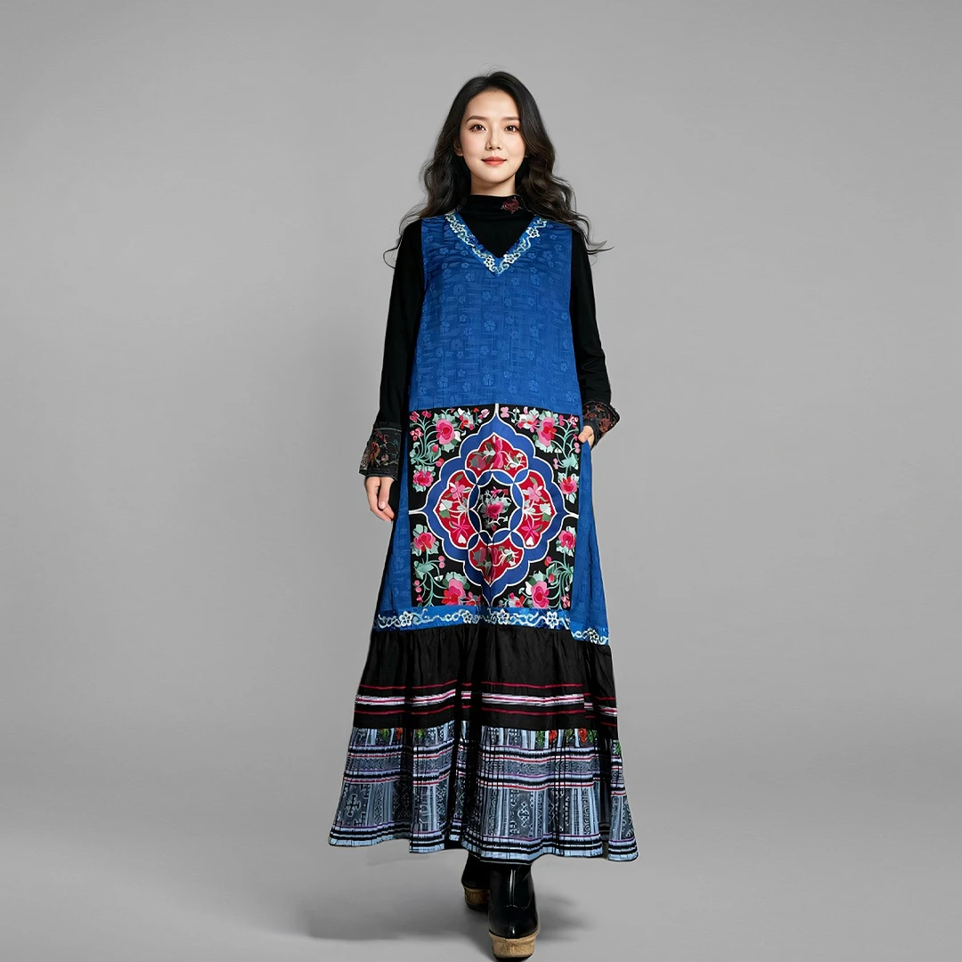 原创民族风重工贴布刺绣气质V领撞色拼接百褶裙摆背心裙连衣裙女